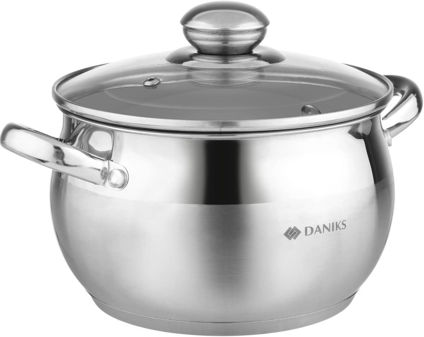 Daniks Classic 3 Quart Stainless Steel Stock Pot with Glass Lid, Tri-Ply Bottom for Even Heating, Induction Compatible, Dishwasher Safe