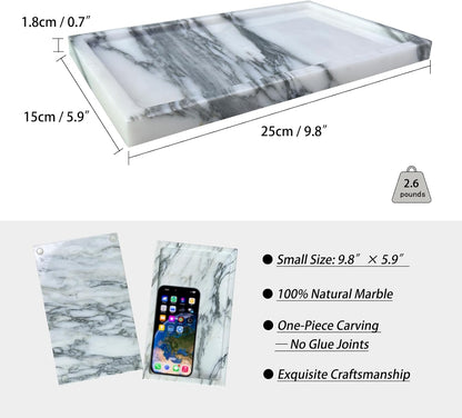 Natural White Marble Vanity Tray, 9.8"x5.9" Genuine Marble Stone Tray for Bathroom/Kitchen/Dresser (Arabescato)