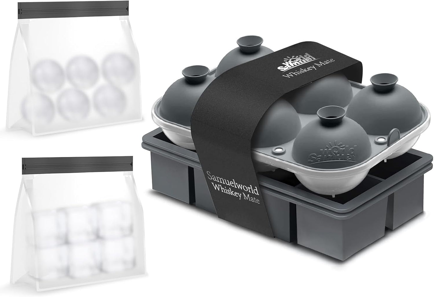 Samuelworld Premium Ice Tray Combo (16 Ice Cube/6 Ice Ball), New Upgraded Large Ice Sphere Maker Ice Cube Trays, Spill-Free Integrated Funnels, Whiskey Bourbon Cocktails Ice mold, Grey(With Ice Bags)