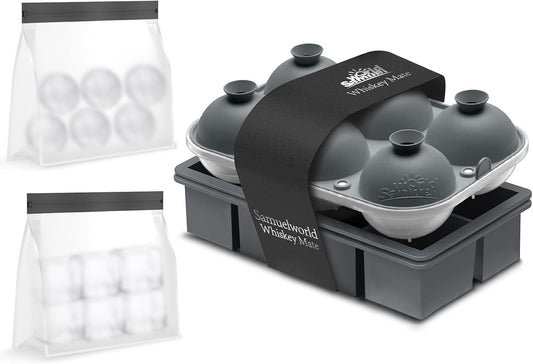 Samuelworld Premium Ice Tray Combo (16 Ice Cube/6 Ice Ball), New Upgraded Large Ice Sphere Maker Ice Cube Trays, Spill-Free Integrated Funnels, Whiskey Bourbon Cocktails Ice mold, Grey(With Ice Bags)