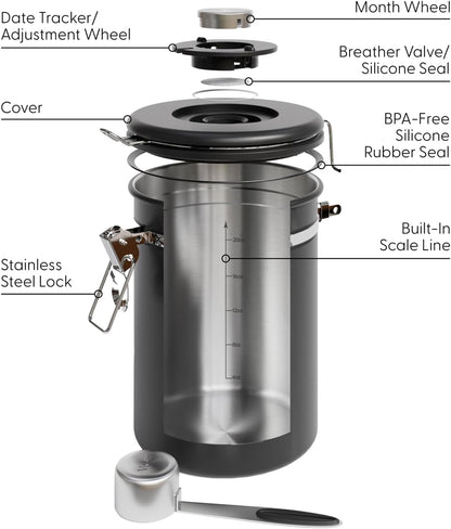 Veken Coffee Canister with Window,Airtight Stainless Steel Pantry Container,Home Kitchen Food Storage Organizers for Ground,Beans,Espresso,Rice,Tea,Sugar,Cereal, Flour,Bar Accessories,Gifts,22OZ,Black