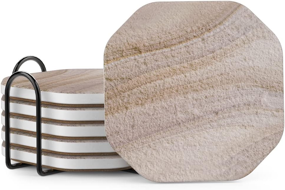 UMIRRO Stone Coasters for Drinks Absorbent for Wooden Coffee Table, Ceramic Stoneware Cup Coasters with Holder for Cold Beer or Hot Tea, Condensation Absorbing, Sandstone Style, Thirsty-Clay, 6 Pack