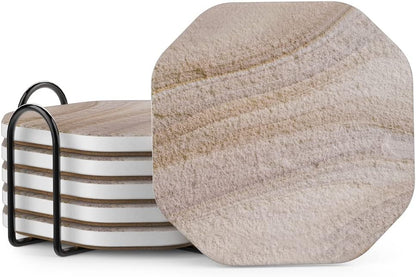 UMIRRO Stone Coasters for Drinks Absorbent for Wooden Coffee Table, Ceramic Stoneware Cup Coasters with Holder for Cold Beer or Hot Tea, Condensation Absorbing, Sandstone Style, Thirsty-Clay, 6 Pack