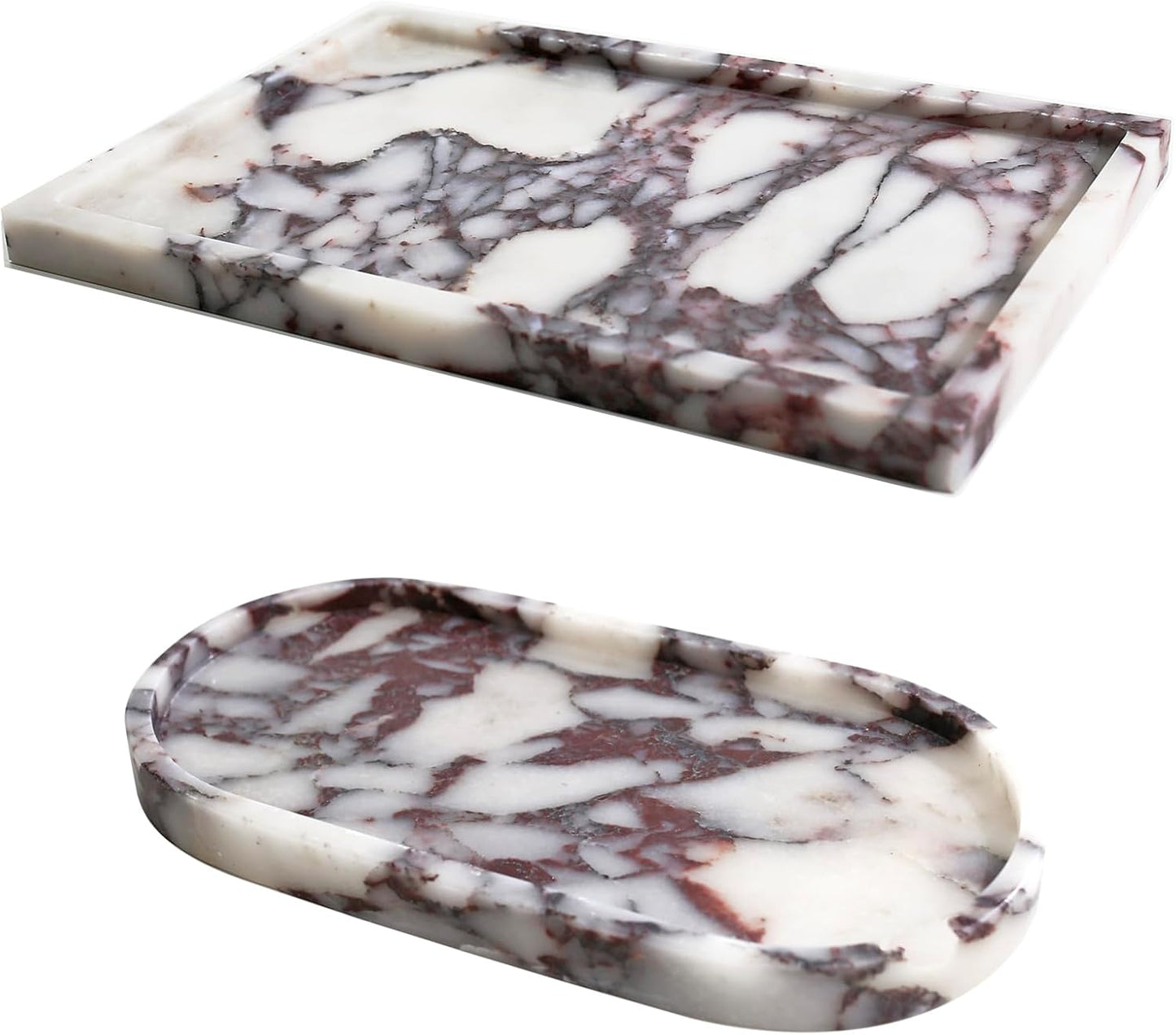 Real Luxurious Natural Marble Vanity Tray Genuine Marble Storage Tray for Home Decor Stone Tray for Bathroom/Kitchen/Vanity/Dresser Non-Resin/Non-Ceramic/Viola Oval Set