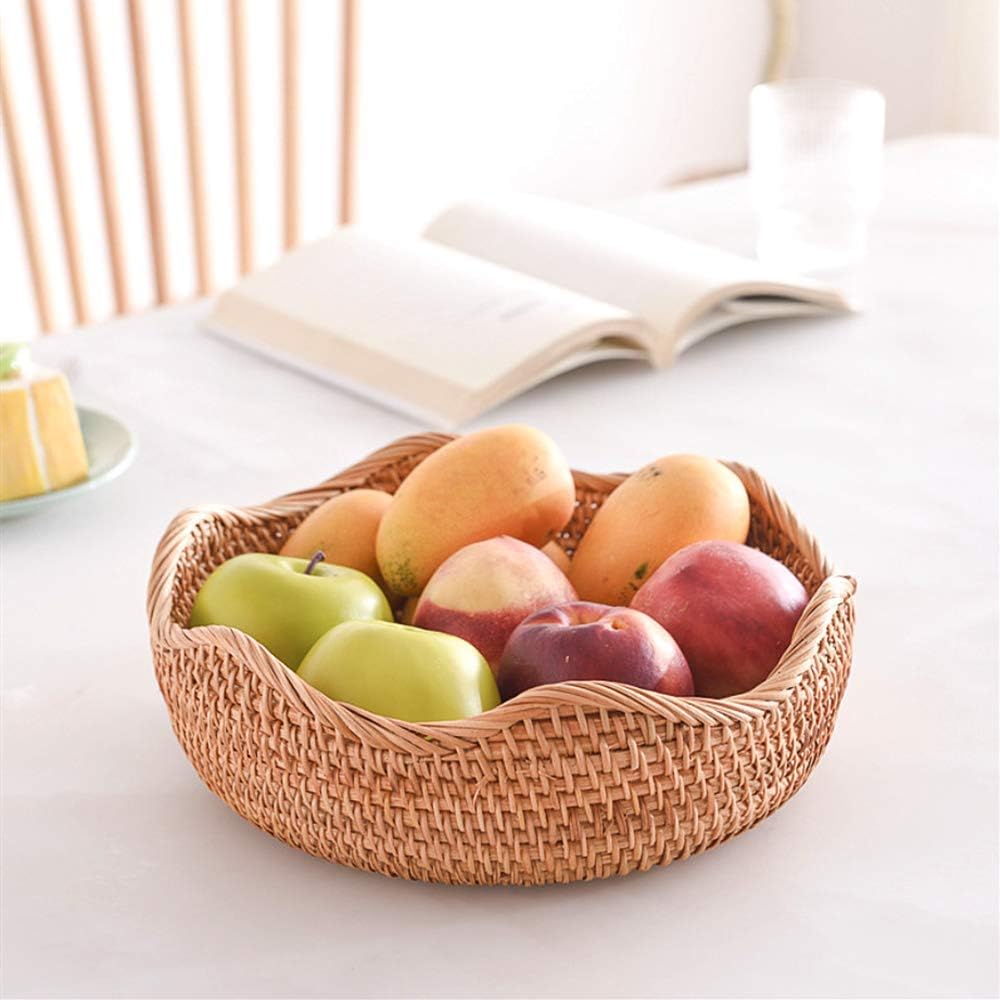 Handmade Rattan Round Fruit Basket Food Storage Bowls Kitchen Organizer Snack Serving Bowl Wavy Edge Circle Tray Basket, Boho Home Décor Display Tray for Table, Dining Room (Medium 10.2")