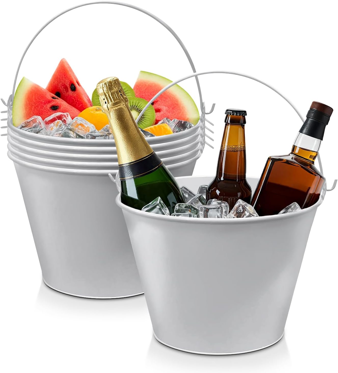 PLEXON Galvanized Metal Ice Bucket for Parties Coctail Bar Restaurant - Drink Beer Champagne Metal Pail Bucket with Handle, Beverage Chiller Cooler Small 1.3 Gallon, Gray, Set of 6