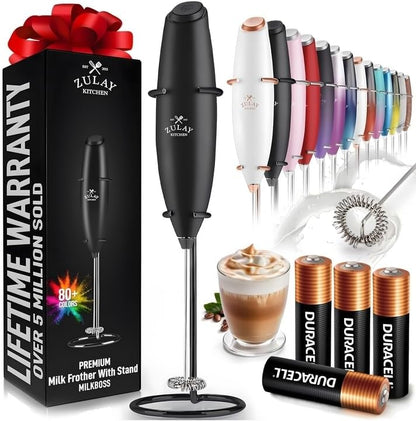 Zulay Kitchen Powerful Milk Frother Wand With 4 AA Duracell Batteries - Ultra Fast Handheld Drink Mixer - Electric Whisk Foam Maker for Coffee, Lattes, Cappuccino, Matcha & Creamer