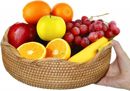 Handmade Rattan Round Fruit Basket Food Storage Bowls Kitchen Organizer Snack Serving Bowl, 11 Inch Boho Wicker Bread Bowl Woven Basket Décor for Nuts with 3”Side and Wavy Edge (Large 11")