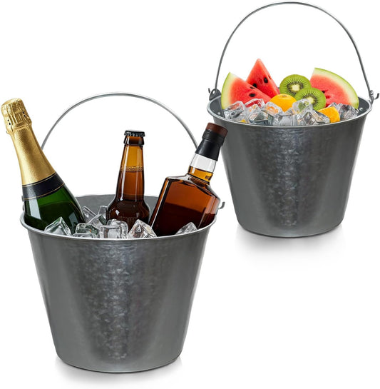 PLEXON Galvanized Metal Ice Bucket for Parties Coctail Bar Restaurant Set of 2 - Drink Beer Champagne Metal Pail Bucket with Handle, Beverage Chiller Cooler Small 1.3 Gallon