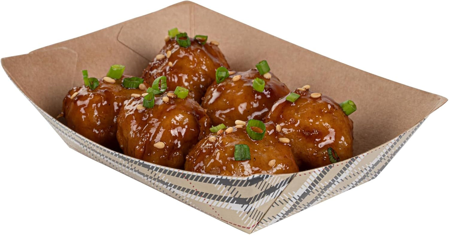 Restaurantware-Bio Tek 4 Ounce Paper Boats, 50 Disposable #25 Food Trays - PE Lining, Durable, Plaid Print Paper Food Baskets, For Concession Stands, Picnics, or Fairs