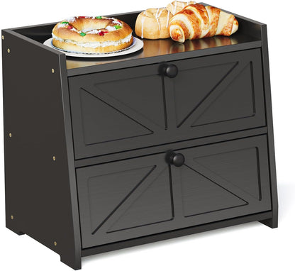 Vintage Double Layer Bread Box for Kitchen Counter Bamboo Bread Storage Container Large Capacity Bread Storage Bin (Black)