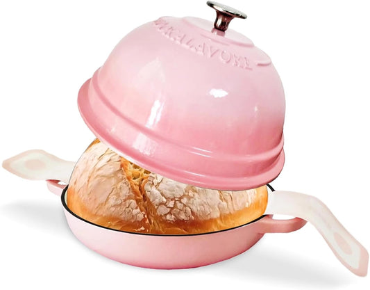 Dutch Oven for Bread Baking,6 Quart Enamel Bread Oven for Sourdough,10.5"Bread Oven with Lid,Bread Pans for Homemade Bread,Pink Thick Enamel Bread Pan-with Silicone Baking Mat&Recipe,Gifts for Family
