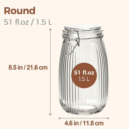 ComSaf Airtight Glass jar with lid 51oz Set of 3, Glass Storage Containers with Lids, Large Glass Canister, Striped Clip Fastening Jar for for Canning, Flour, Pasta,Coffee Beans, Cereal, Rice, Pickle