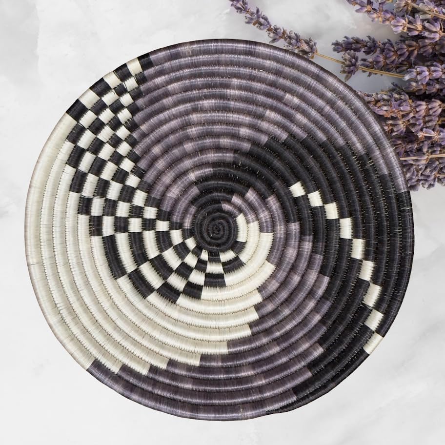 Handwoven African Basket Handmade sisal Fruit Bowl Wall Hanging decorative Baskets for Home Living Room Kitchen Centerpiece Zen Designs Arts and Crafts (Dark Grey Black Natural, 12in diameter)