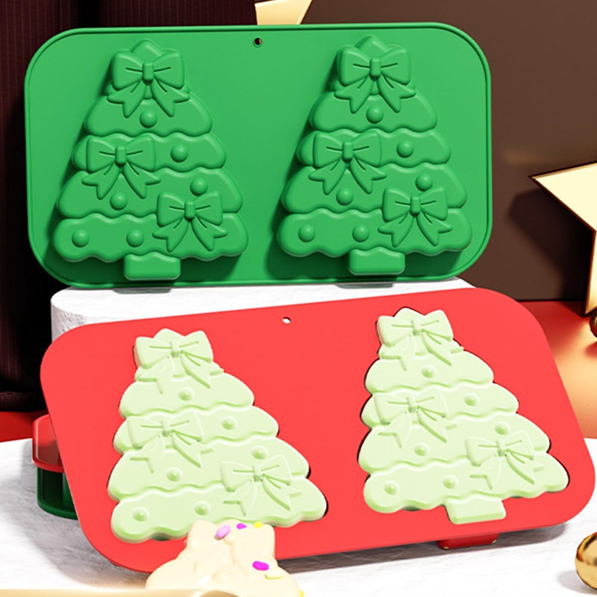 2 Pack Christmas Tree Silicone Molds 2 Cavity Chocolate Molds for Baking 3D Christmas Cake Mold Holiday Candle Resin Mold Xmas Pine Tree Soap Ice Cube Jello Mold for Festival Home Party