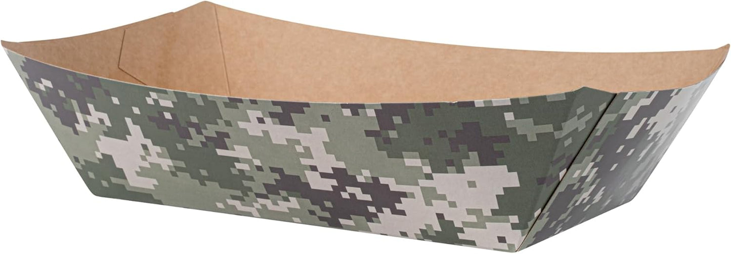 Restaurantware Bio Tek 2 Pound Food Boats 200 Disposable Paper Food Trays - Heavy-Duty Greaseproof Camouflage Paper Boats For Snacks Appetizers Or Treats Use At Parties Or Carnivals