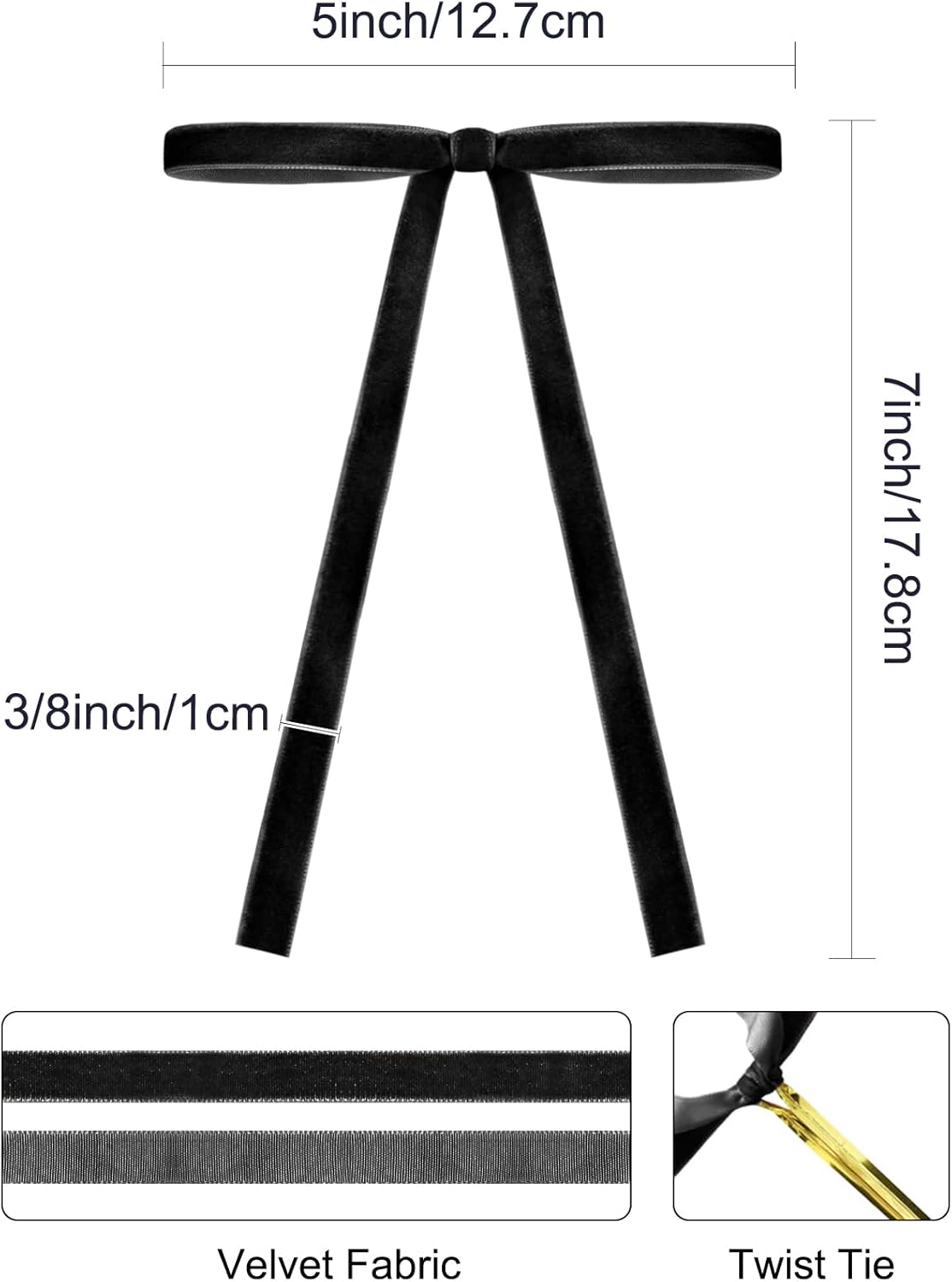 SIMISI RIBBON 24Pcs Black Christmas Velvet Ribbon Bows Decorations Xmas Ornaments Vintage Decor for Tree, Wreath, Garland (3/8'' Width, 5 * 7 inch)