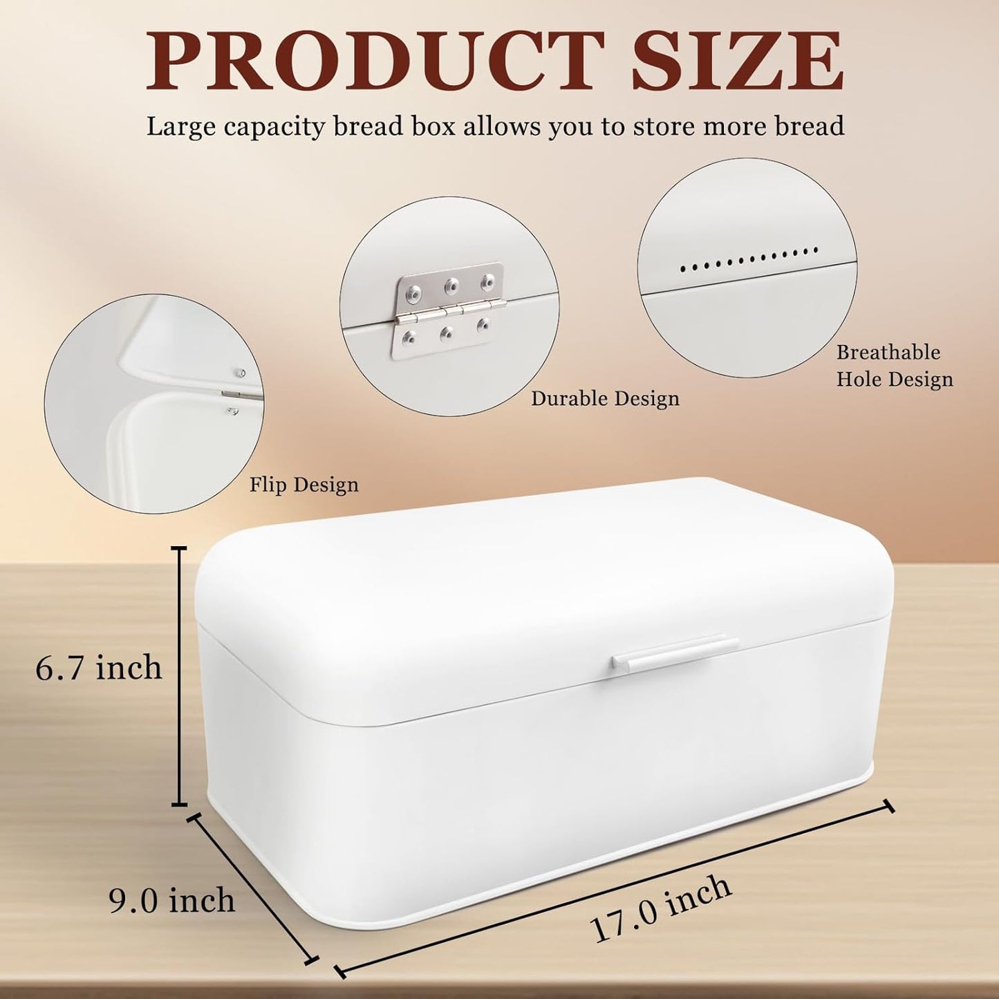 ENLOY Extra Large White Bread Box for Countertop, Stainless Steel Bread Storage Bin, Vintage Bread Box, Large Capacity Bread Keeper Holds Large Loaves