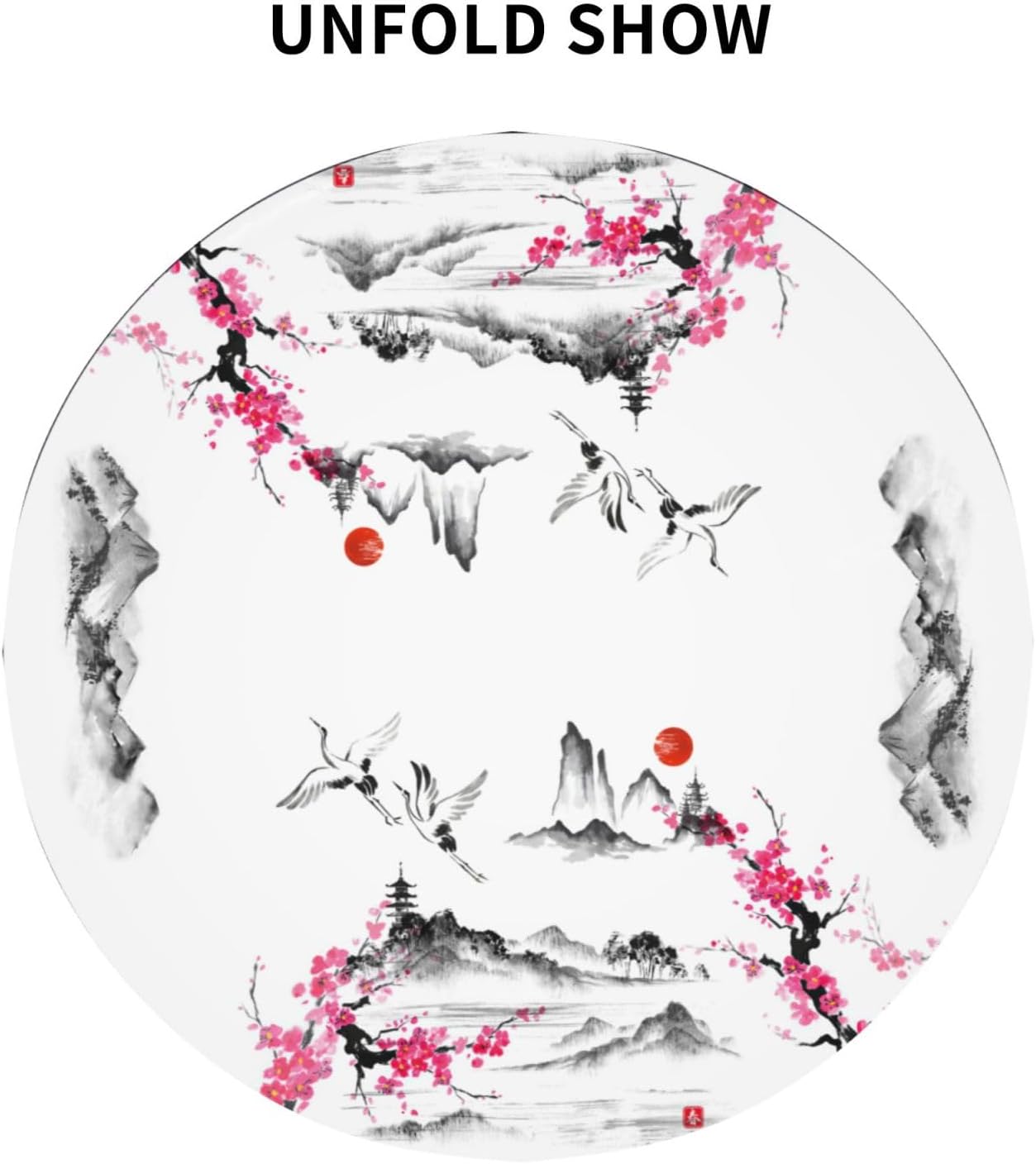 Japanese Tablecloth, Traditional Vintage Landscape Oriental Crane Temple Chinoiserie Water Resisitant Wipeable Table Cover for Dining Kitchen Living Room Home Party Holiday Decor 70 inch Round