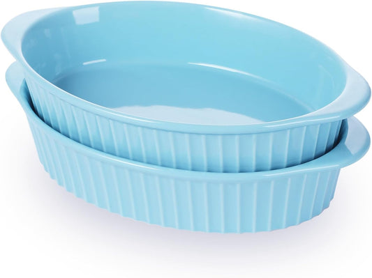 LEETOYI Porcelain Small Oval Au Gratin Pans, Baking Dish Set for 1 or 2 person servings, Bakeware with Double Handle for Kitchen and Home, Set of 2 (Turquoise)