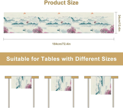 Asian Landscape Table Runner, Cherry Tree Chinoiserie Vintage Ink Wash Pink Blue Setting Sun Table Runner for Kitchen Home Party Dining Table Decor 13x120 Inch