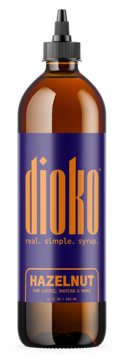 Dioko Simple Syrup, 12 fl. oz Premium Coffee & Dessert Syrup with Easy Pour Spout | No Artificial Dyes or Colors | Perfect for Lattes, Iced Coffee, Cocktails, Pancakes & More (Hazelnut)