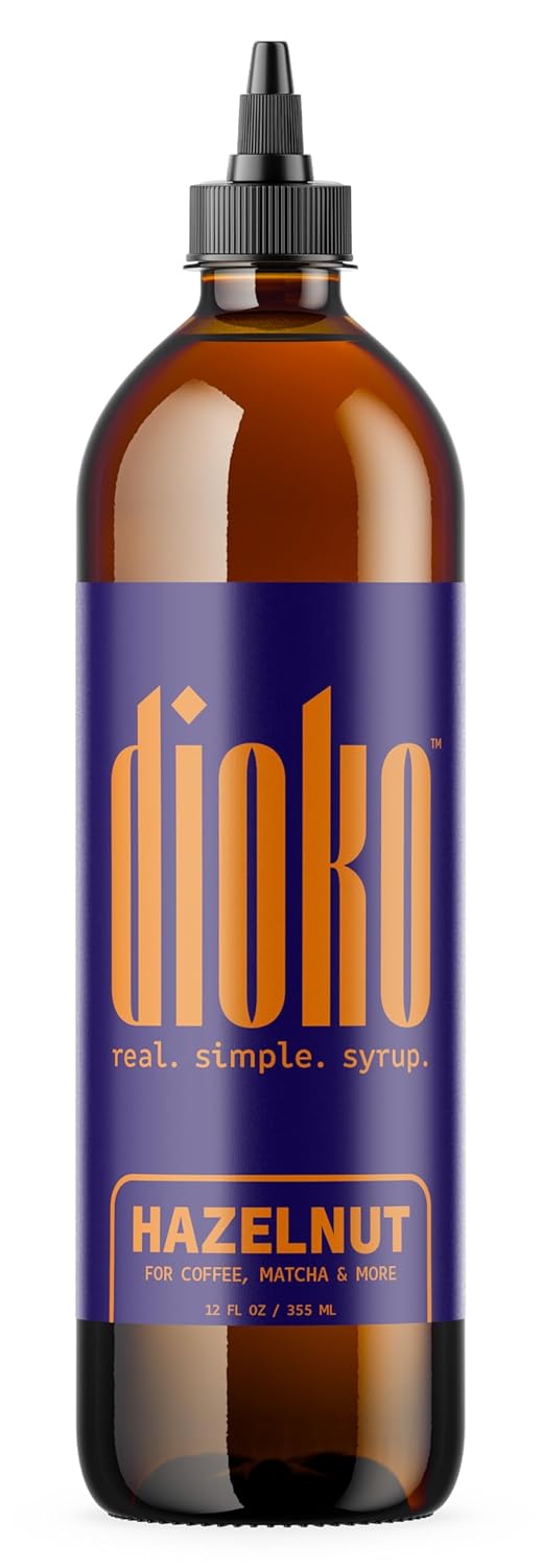 Dioko Simple Syrup, 12 fl. oz Premium Coffee & Dessert Syrup with Easy Pour Spout | No Artificial Dyes or Colors | Perfect for Lattes, Iced Coffee, Cocktails, Pancakes & More (Hazelnut)