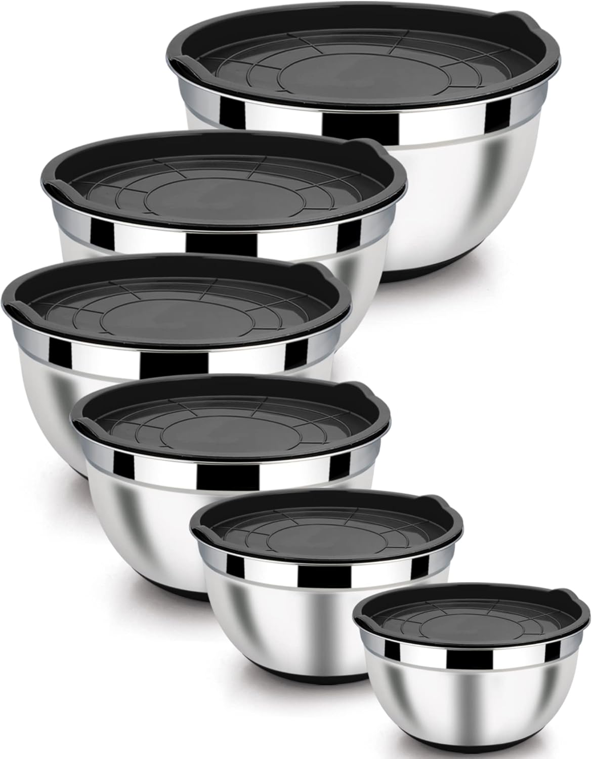 LIANYU Stainless Steel Nesting Mixing Bowls Set of 6, Size 7, 3.5, 2.5, 2, 1.5, 1QT, Large Metal Bowls with Airtight Lids, Ideal for Baking Cooking Food Storage, Non-slip Bottom, Black