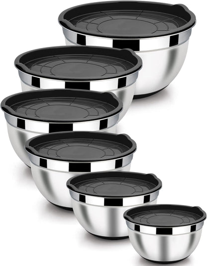 LIANYU Stainless Steel Nesting Mixing Bowls Set of 6, Size 7, 3.5, 2.5, 2, 1.5, 1QT, Large Metal Bowls with Airtight Lids, Ideal for Baking Cooking Food Storage, Non-slip Bottom, Black
