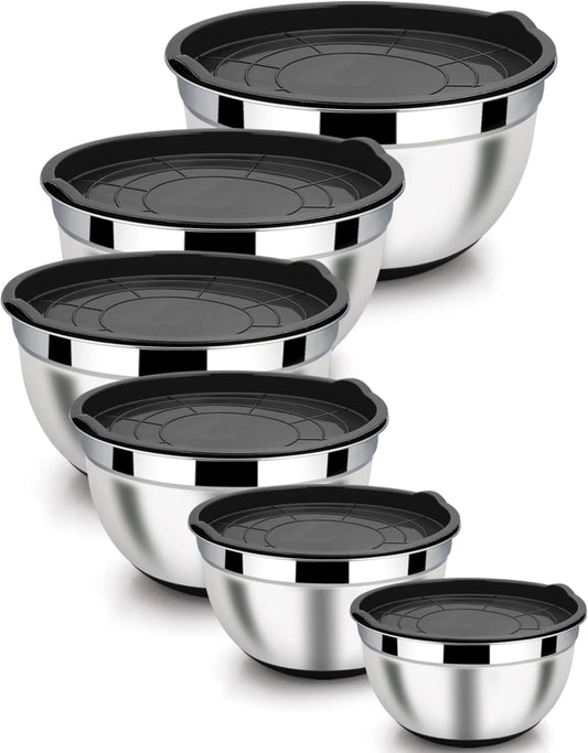LIANYU Stainless Steel Nesting Mixing Bowls Set of 6, Size 7, 3.5, 2.5, 2, 1.5, 1QT, Large Metal Bowls with Airtight Lids, Ideal for Baking Cooking Food Storage, Non-slip Bottom, Black