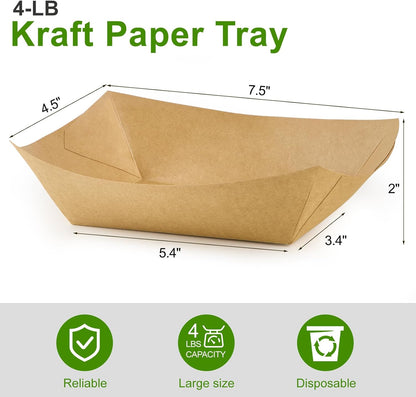 Ocmoiy 4lb Large Paper Food Trays, 50 Pack Heavy Duty Kraft Food Boats Holders Disposable Serving Basket Trays for Nachos, Burgers, Fries, Tacos, Hot Dog, Sandwiches