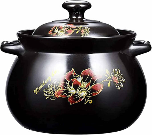 Ceramic Round Black Casserole Dish with Lid, Clay Pot Earthen Pot Heat-Resistant Soup Bowls Stockpot, Ceramic Cookware for Shabu Shabu Hot Pot Bibimbap Sauce Pan Milk Steamer,5.5L