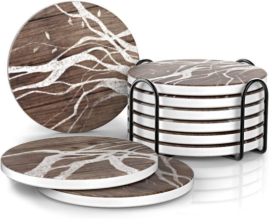 UMIRRO Ceramic Coasters for Wooden Table, Absorbent Drink Coasters with Holder for Tabletop Protection, Rustic Country Farmhouse Coasters w/Brown Wood Texture for Cups & Glasses, Coffee Bar Accessory