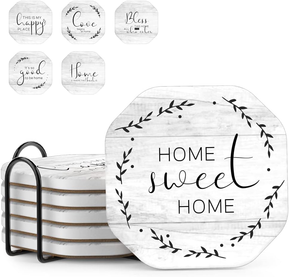 UMIRRO Rustic Farmhouse Coasters for Wooden Table, Modern Ceramic Coasters with Holder for Coffee Table Decor, Housewarming Gifts for New House/Home, Assorted Design, White, 4", 6 Pack