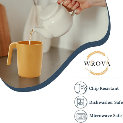 Wrova 16oz Wheat Straw Cups with handles set of 6-Plastic Cups Reusable-Unbreakable Kids Mugs-Dishwasher Safe & Microwave Safe-Ideal Mugs for Tea,Coffee,Camping,RV-Banana Yellow