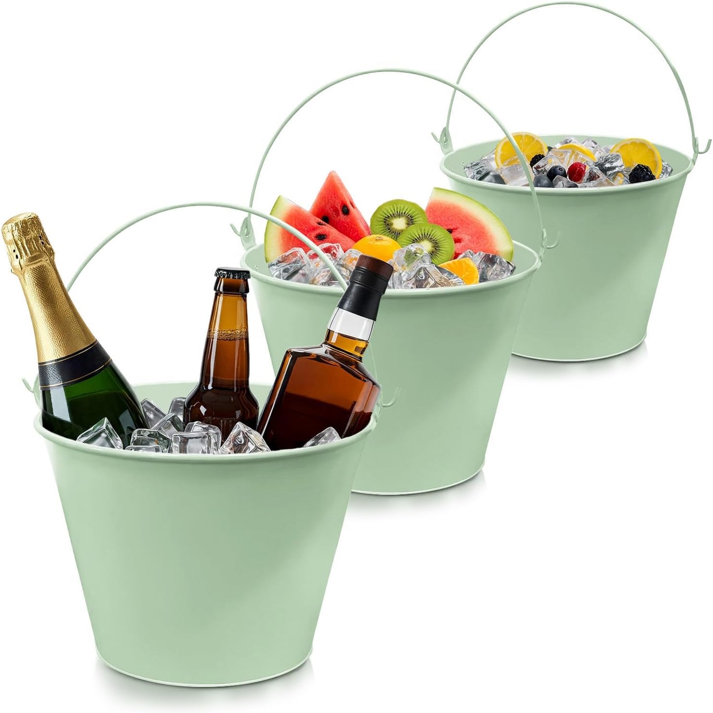 PLEXON Galvanized Metal Ice Bucket for Parties Coctail Bar Restaurant - Drink Beer Champagne Metal Pail Bucket with Handle, Beverage Chiller Cooler Small 1.3 Gallon, Green, Set of 3