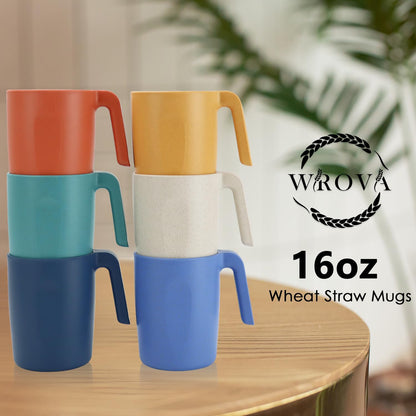 Wrova 16oz Wheat Straw Cups with handles set of 6-Plastic Cups Reusable-Unbreakable Kids Mugs-Dishwasher Safe & Microwave Safe-Ideal Plastic Mugs for Tea,Coffee,Camping,RV-Vibrant Color