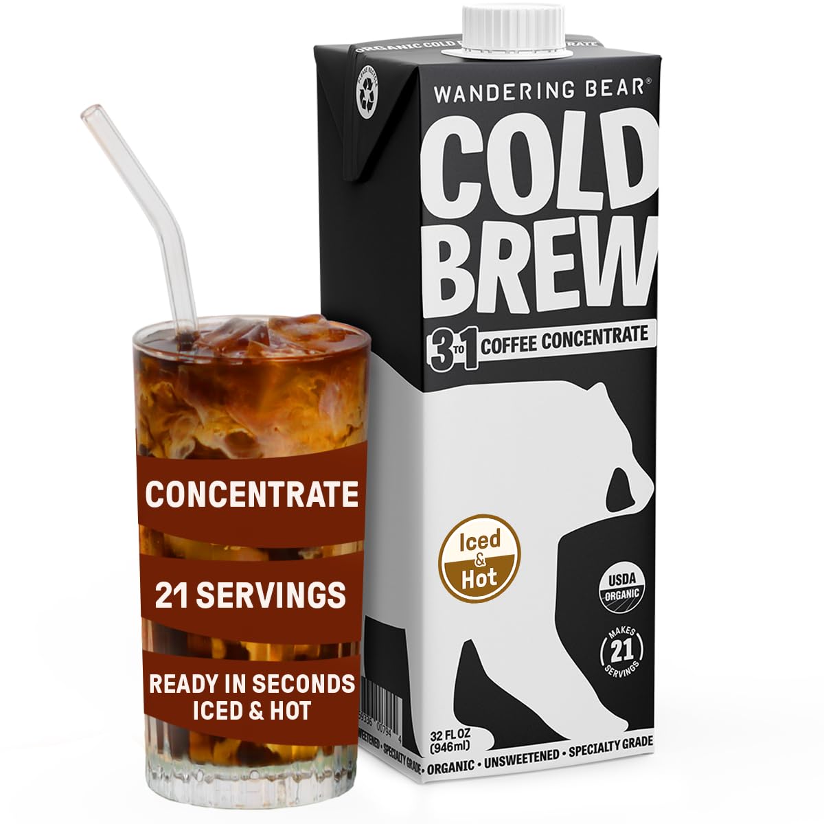 Wandering Bear Organic Unsweetened Extra Strong Cold Brew in a Box - Make Your Own Iced Coffee Drink with Wandering Bear Black Concentrate, Shelf-Stable - 21 Servings - 32 fl.oz