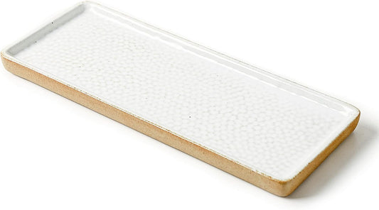 Vanity Tray with Brown Trim - Rectangular White Candle & Perfume Holder Organizer - 12"4.7" for Dresser, Table, Bathroom Countertop