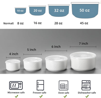 Ceramic Nesting Bowls with Lids: Mixing Bowls with Lids - Porcelain Food Storage Containers For Prep and Serving, Microwavable Kitchen Bowl Set of 4, 50/32/20/10 oz (White)