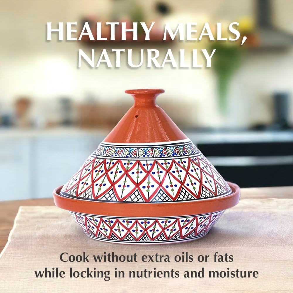 Kamsah Tagine Pot for Cooking and Flavor Enrichment - Large Clay Pot 12”, 5.5 QT - Non-Stick Handmade Cookware - Moroccan Ceramic Pots for Cooking with Lid & Serving Bowl - Bohemian Supreme Red