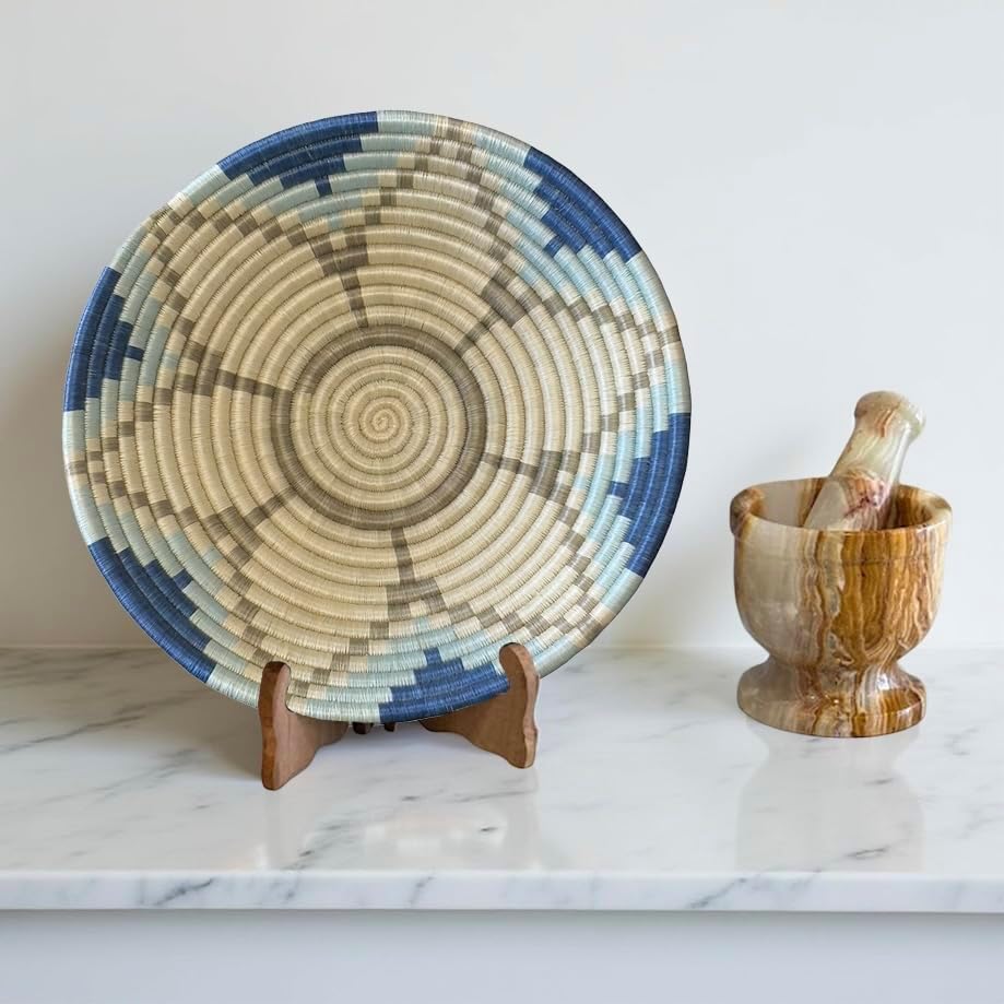 Handwoven African Basket Handmade sisal Fruit Bowl Wall Hanging decorative Baskets for Home Living Room Kitchen Centerpiece Zen Designs Arts and Crafts (Pastel Blue, 8in diameter)