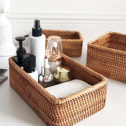 Rattan Storage Baskets, Wicker Baskets for Organizing, Hand Woven Fruit Basket, Decorative Baskets for Kitchen Counter, Living Room, Bathroom, Set of 3