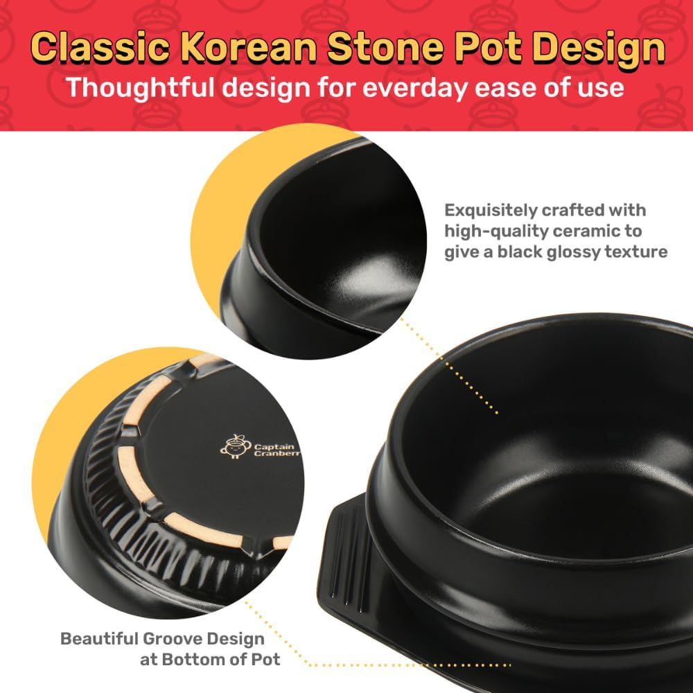 Korean Stone Pot Set (7-piece, 38.7oz with Hot Pot Grip), Ttukbaegi, Dolsot, Korean Soup Bowl, Ceramic Pots for Cooking, Soup Pot, Earthenware Claypot, Bibimbap, Ramen