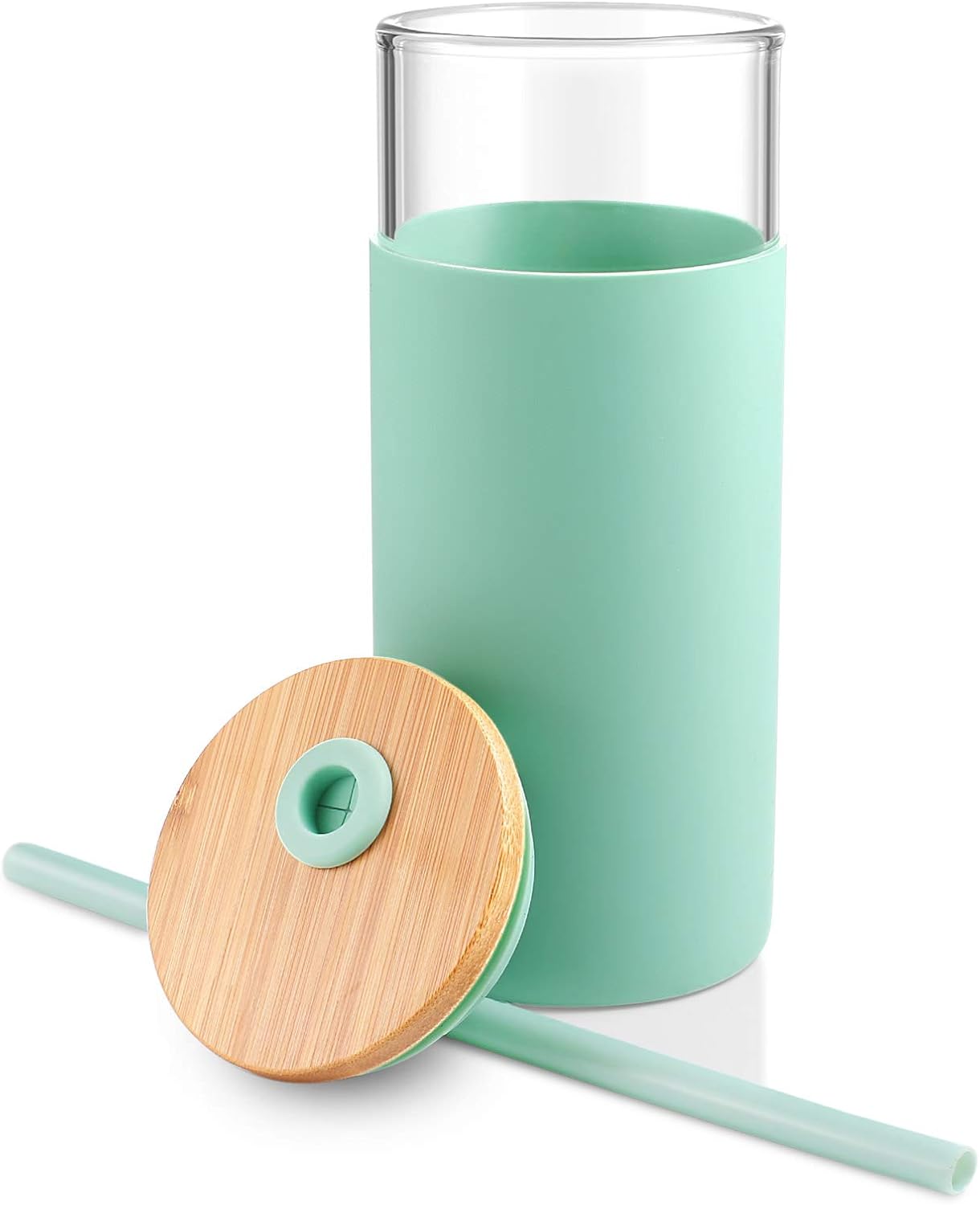 Tronco 20 oz Glass Tumbler with Lid and Straw, Iced Coffee Cup and Smoothie Cup with Bamboo Lids & Protective Silicone Sleeve, Dishwasher Safe, BPA-Free, Glass Cup 1 Pack