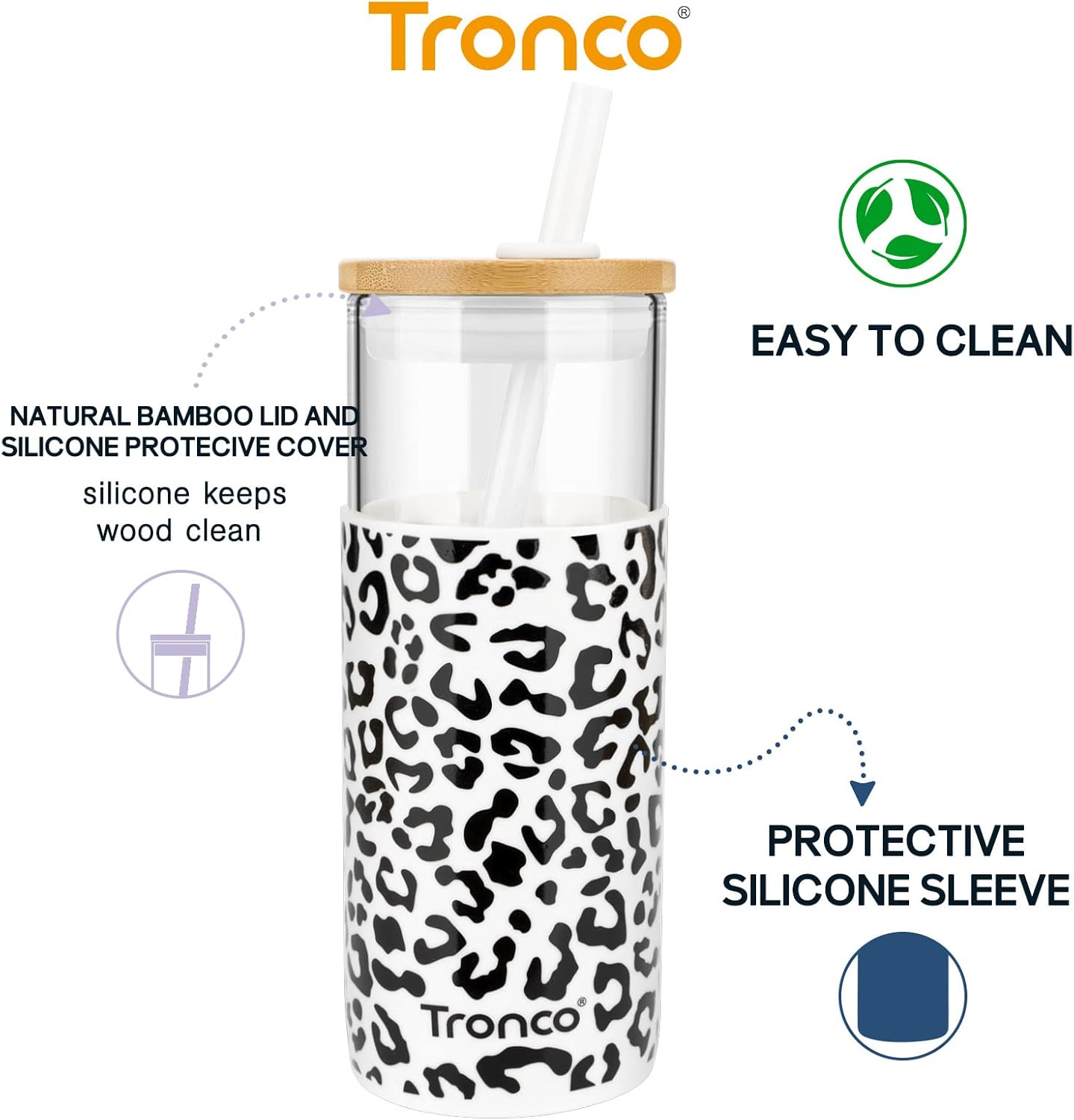 Tronco 20 oz Glass Tumbler with Lid and Straw, Iced Coffee Cup and Smoothie Cup with Bamboo Lids & Protective Silicone Sleeve, Dishwasher Safe, BPA-Free, Glass Cup 1 Pack