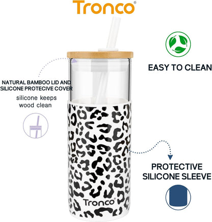 Tronco 20 oz Glass Tumbler with Lid and Straw, Iced Coffee Cup and Smoothie Cup with Bamboo Lids & Protective Silicone Sleeve, Dishwasher Safe, BPA-Free, Glass Cup 1 Pack