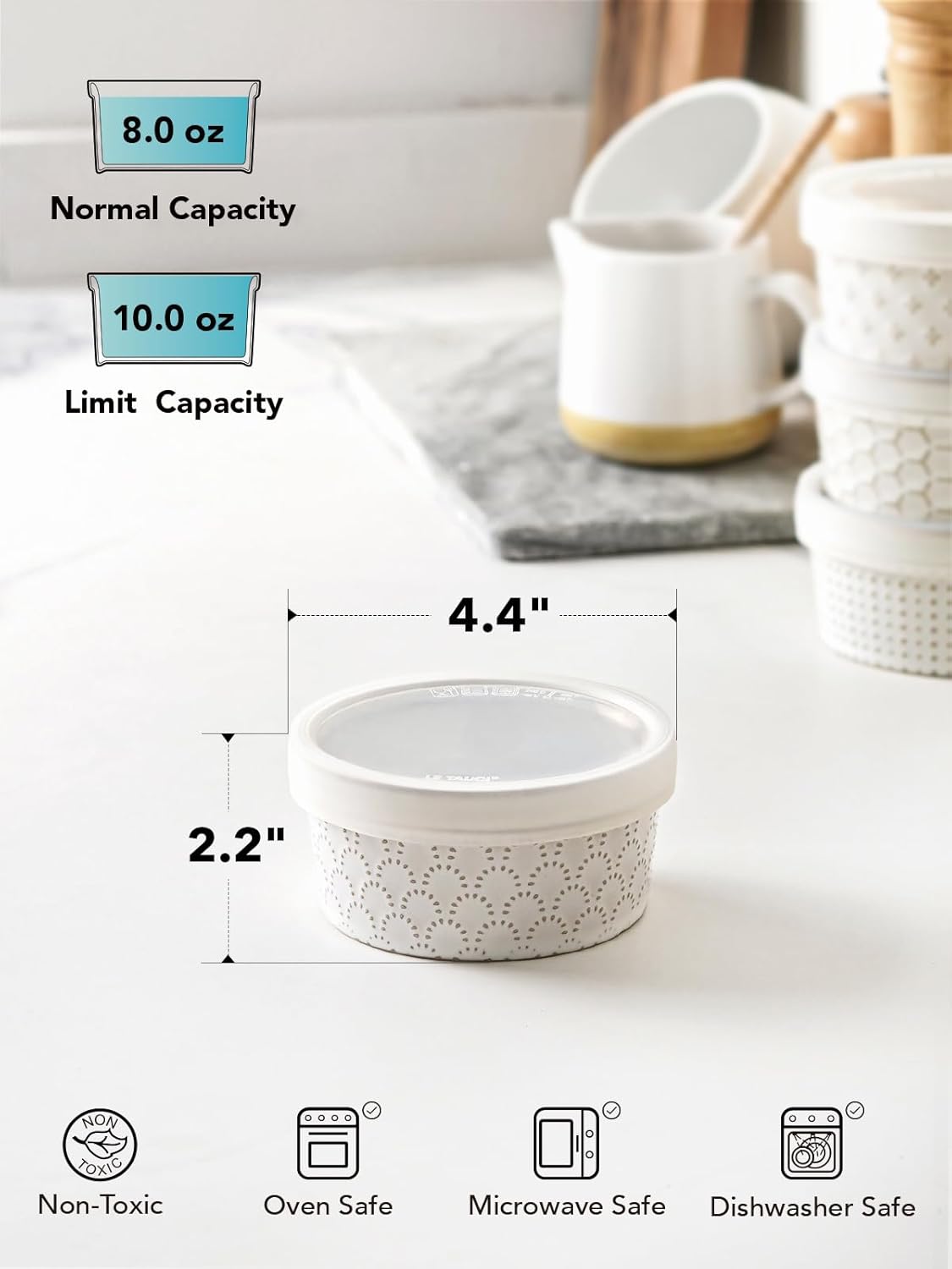 LE TAUCI Ramekins Oven Safe with Lids, 8 oz Ramikin Set for Creme brulee, Souffle, Dipping Sauces, Ceramic Food Storage Containers, Baking Dishes - 4.4 inch, Set of 4, Arctic White