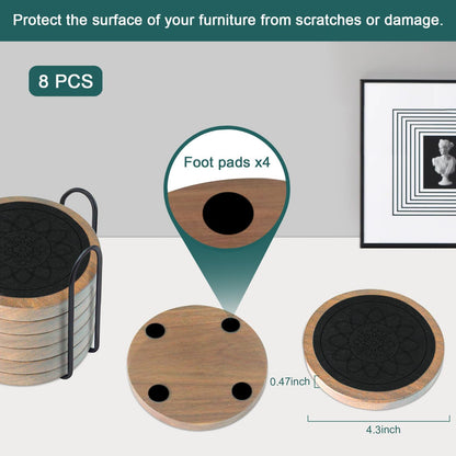Wood Coasters for Drinks Set of 8, Minacun Absorbent Coaster, Drinks Coasters for Coffee Tabletop Protection, Non-Slip, Non-Stick, Suitable for Kinds of Cups Wooden Table Drink, 4.3 Inch Black