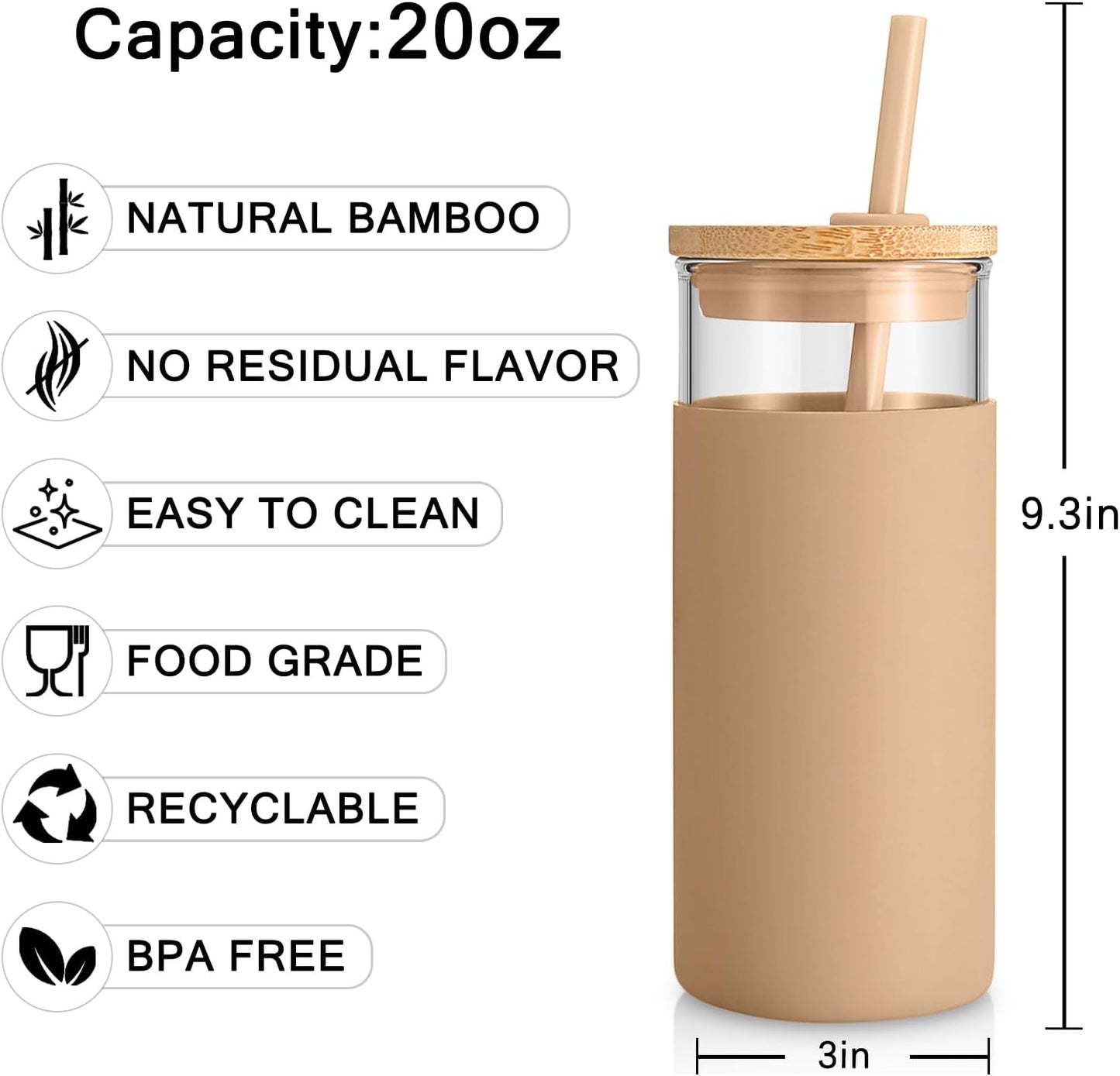 Tronco 20 oz Glass Tumbler with Lid and Straw, Iced Coffee Cup and Smoothie Cup with Bamboo Lids & Protective Silicone Sleeve, Dishwasher Safe, BPA-Free, Glass Cup 1 Pack